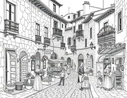 A detailed black and white line drawing of a 16th century Spanish village street