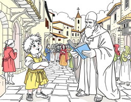 A vibrant line drawing scene inspired by 'Lazarillo de Tormes,' featuring the character Lazarillo alongside a cleric in a medieval Spanish setting