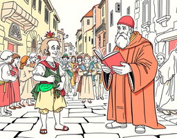 A vibrant line drawing scene inspired by 'Lazarillo de Tormes,' featuring the character Lazarillo alongside a cleric in a medieval Spanish setting