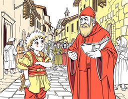 A vibrant line drawing scene inspired by 'Lazarillo de Tormes,' featuring the character Lazarillo alongside a cleric in a medieval Spanish setting