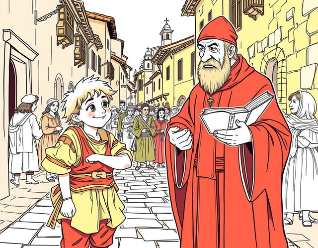 A vibrant line drawing scene inspired by 'Lazarillo de Tormes,' featuring the character Lazarillo alongside a cleric in a medieval Spanish setting