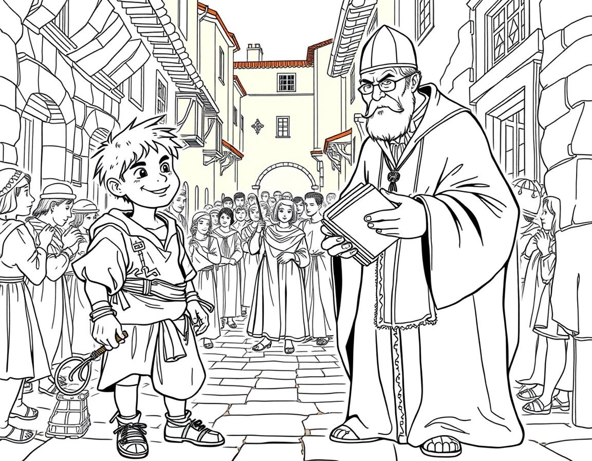 A vibrant line drawing scene inspired by 'Lazarillo de Tormes,' featuring the character Lazarillo alongside a cleric in a medieval Spanish setting