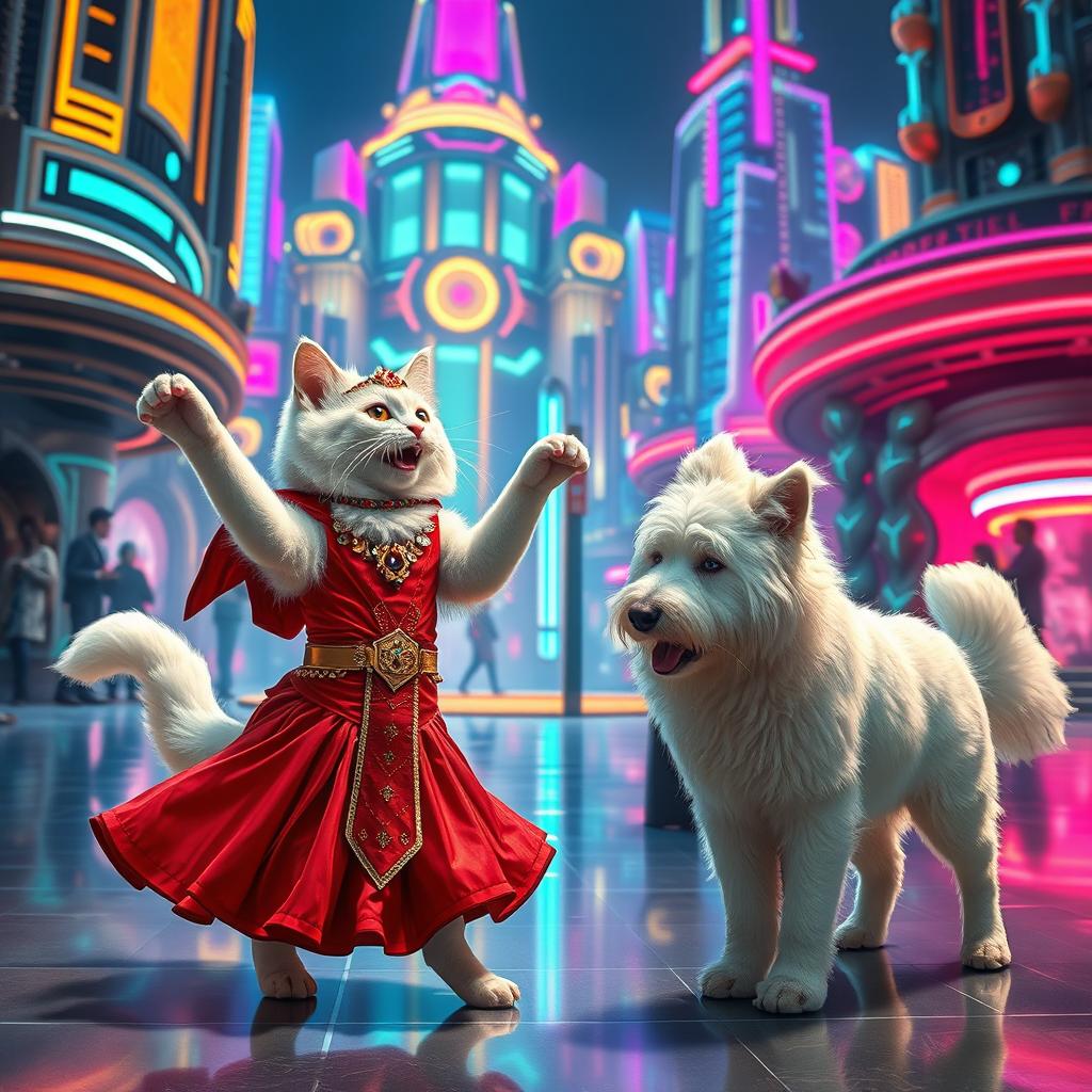 An enchanting scene set in a futuristic world where a white cat dressed in a stunning red dress is joyfully dancing with Cleopatra, who wears a modern, regal outfit embellished with high-tech elements