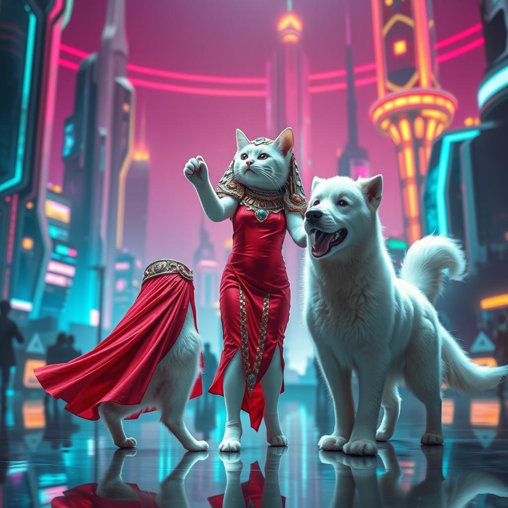 A captivating futuristic scene depicting a white cat elegantly clad in a vibrant red dress, exuberantly dancing with Cleopatra, who is dressed in a futuristic take on her royal garb adorned with shimmering metallic details and holographic elements