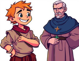 A vibrant pixellated style illustration featuring the characters from 'Lazarillo de Tormes