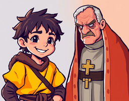 A vibrant pixellated style illustration featuring the characters from 'Lazarillo de Tormes