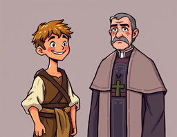 A vibrant pixellated style illustration featuring the characters from 'Lazarillo de Tormes