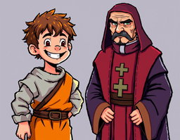 A vibrant pixellated style illustration featuring the characters from 'Lazarillo de Tormes
