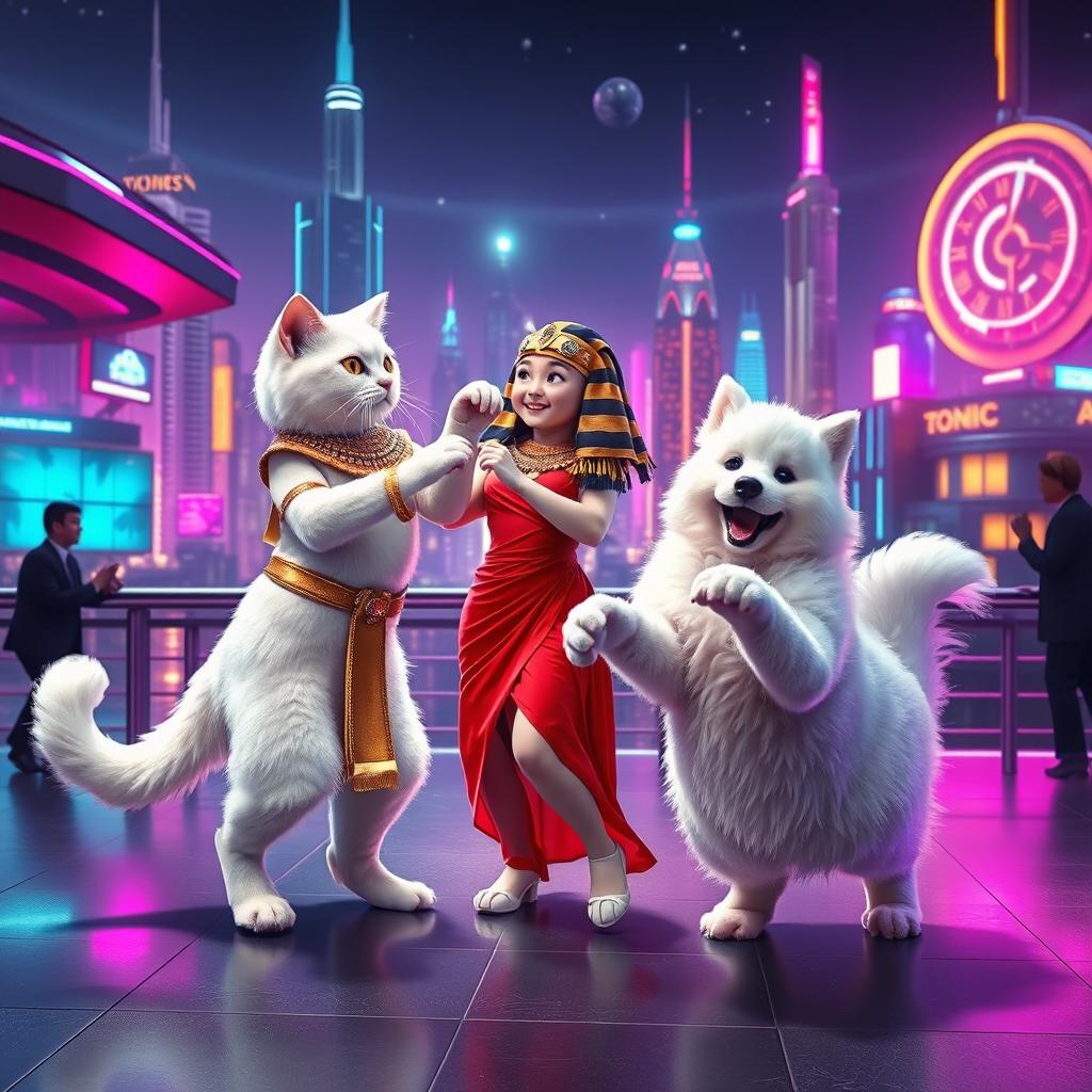 A whimsical scene in a futuristic world where a white cat, adorned in a beautiful red dress, is elegantly dancing with Cleopatra, who sports a modern interpretation of her iconic attire, complete with shimmering high-tech accessories