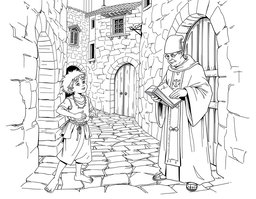 A detailed black and white line drawing featuring Lazarillo de Tormes and a cleric set in a Spanish medieval village
