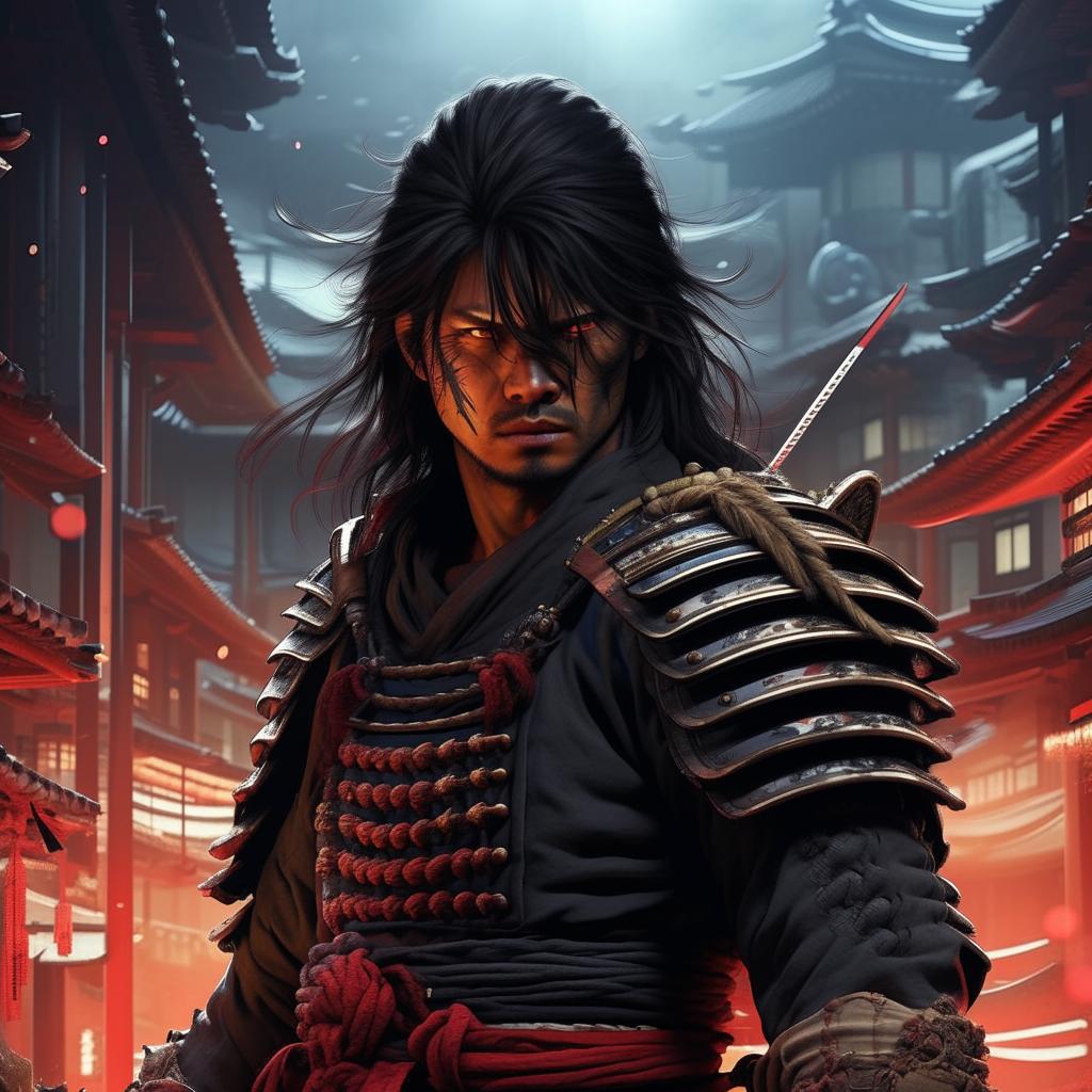 A highly detailed, cinematic, and dramatic 32k illustration in the style of epic sci-fi anime line art, featuring a samurai man with his sword.