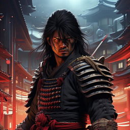 A highly detailed, cinematic, and dramatic 32k illustration in the style of epic sci-fi anime line art, featuring a samurai man with his sword.