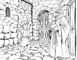 A detailed black and white line drawing featuring Lazarillo de Tormes and a cleric set in a Spanish medieval village