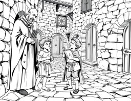 A detailed black and white line drawing featuring Lazarillo de Tormes and a cleric set in a Spanish medieval village