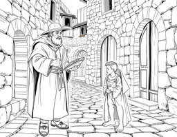 A detailed black and white line drawing featuring Lazarillo de Tormes and a cleric set in a Spanish medieval village