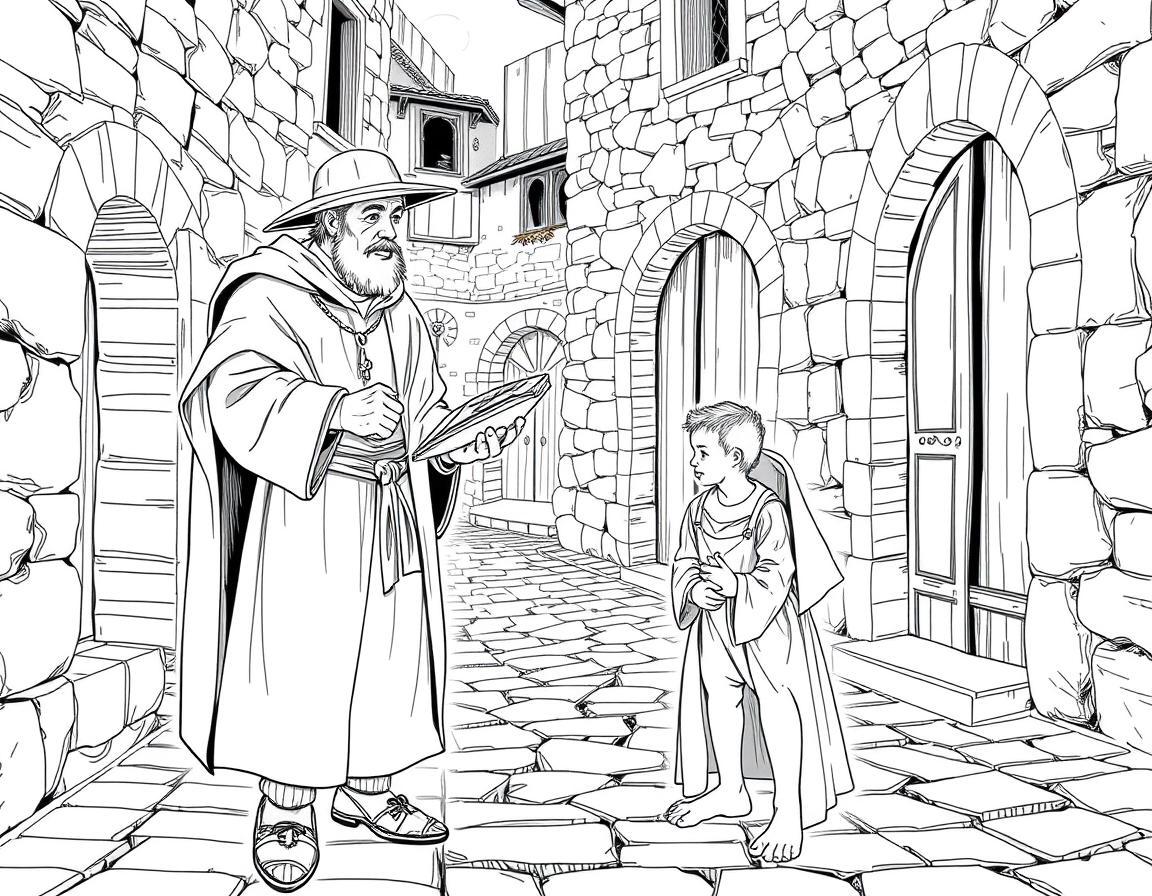 A detailed black and white line drawing featuring Lazarillo de Tormes and a cleric set in a Spanish medieval village