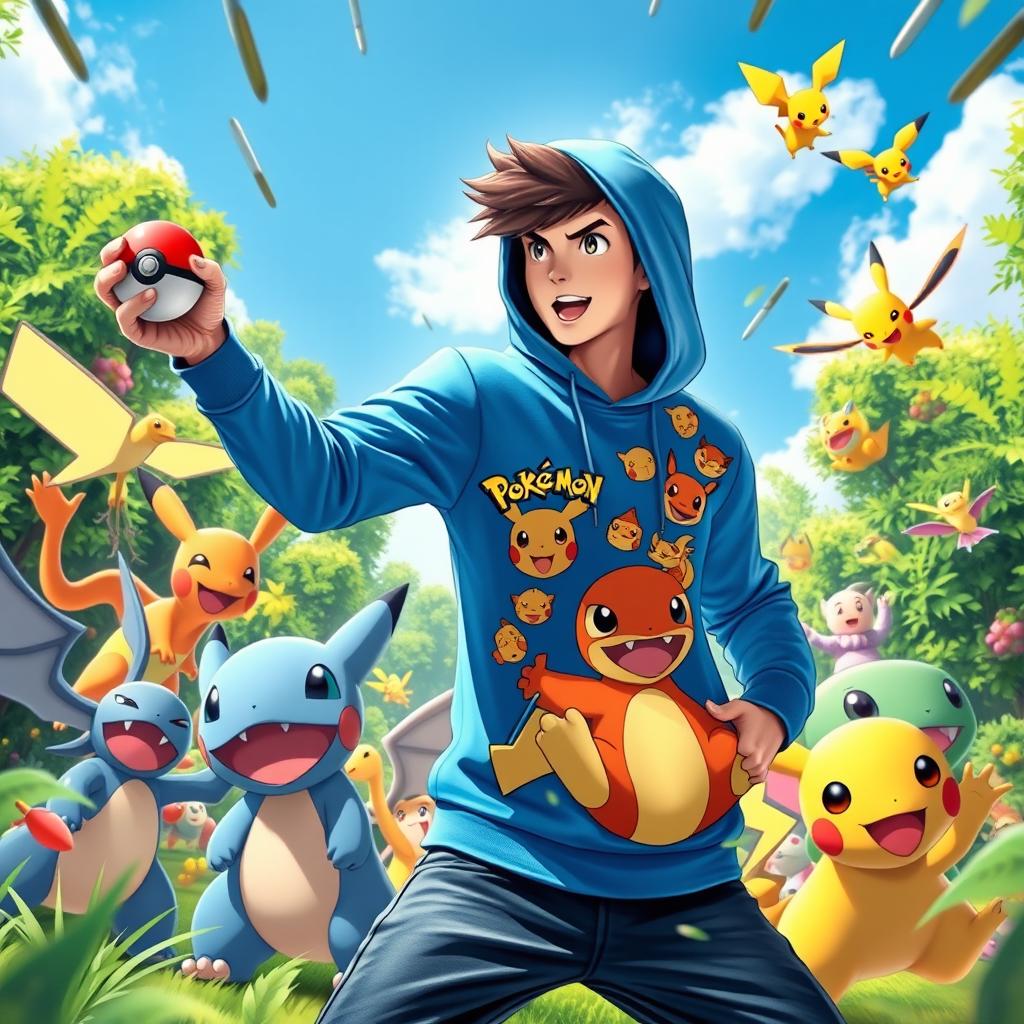 A vibrant and engaging scene featuring a Pokemon player wearing a stylish blue hoodie, surrounded by various Pokemon characters like Pikachu, Charmander, and Bulbasaur