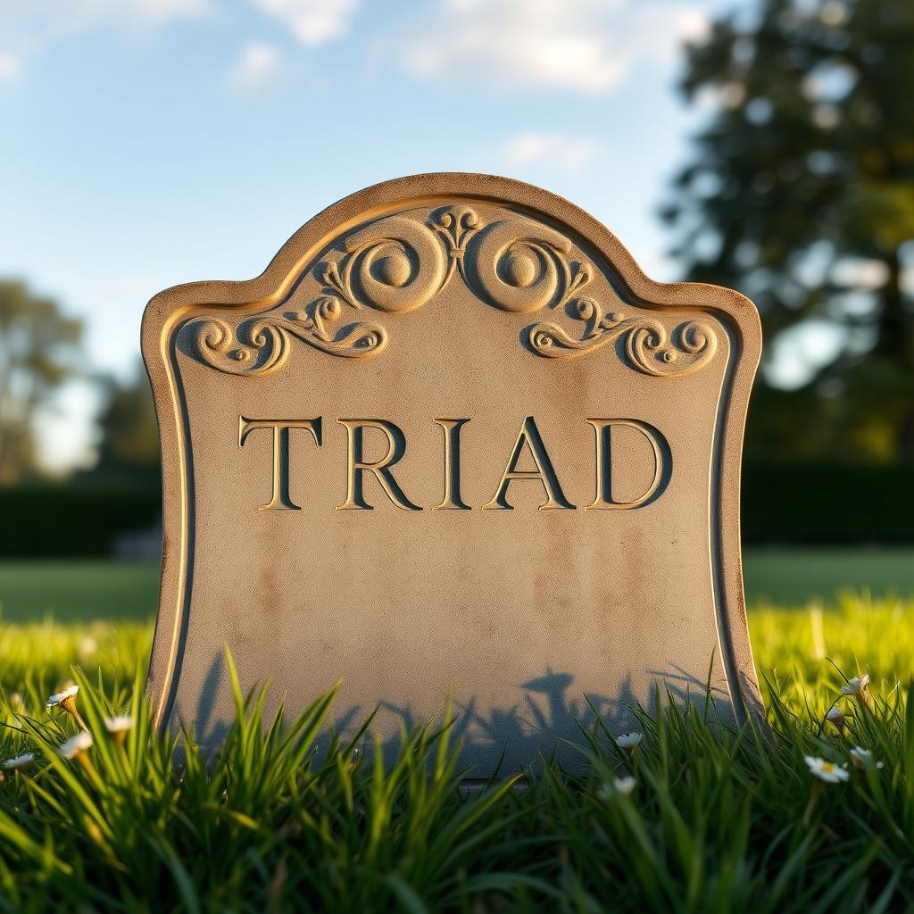 A detailed grave stone featuring the word 'TRIAD' elegantly carved into the surface