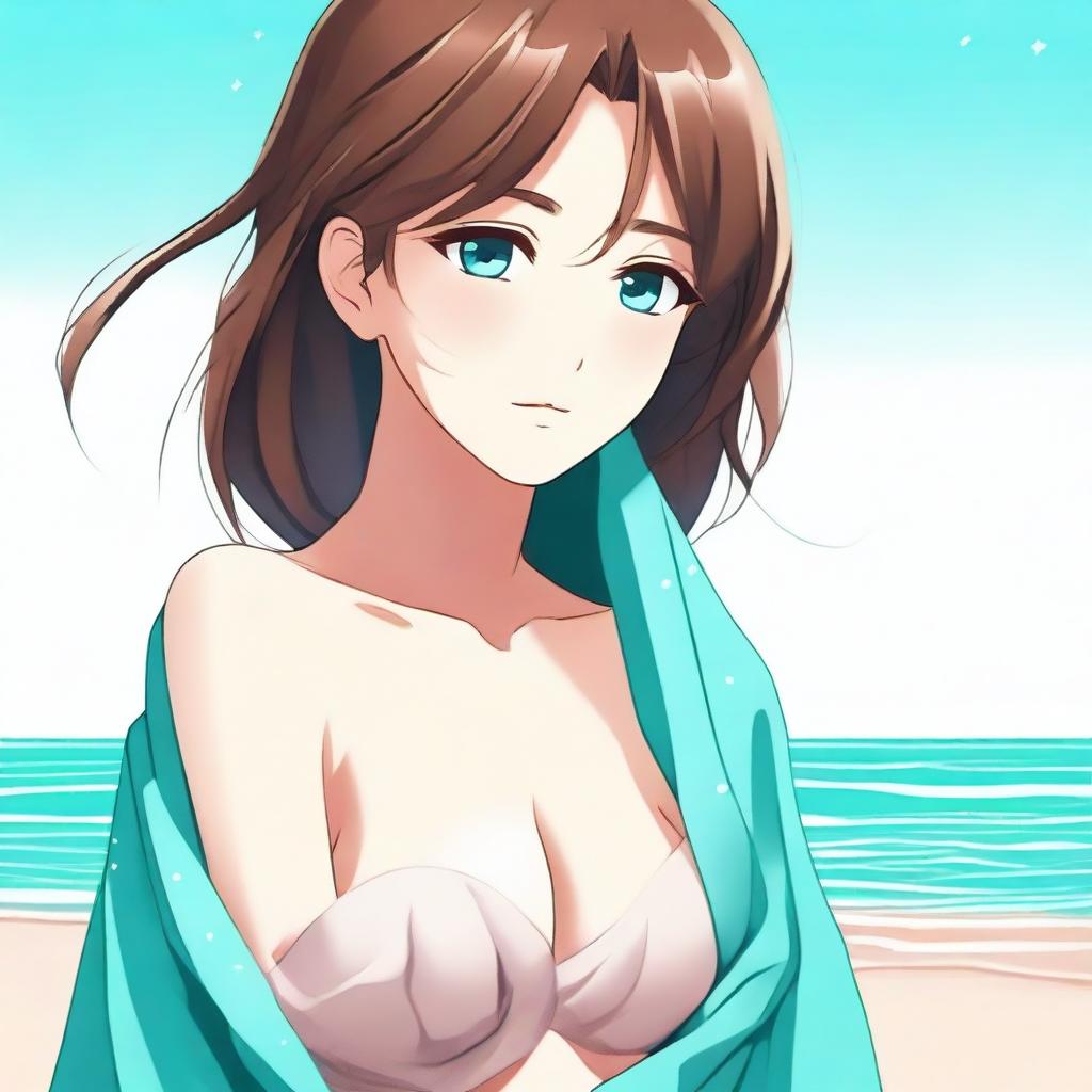 A premium quality digital art image, showcasing an appealing anime-style girl with brown hair, wrapped in a wet towel on a sandy beach