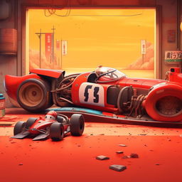 A retro-anime aesthetic scene inspired by Studio Ghibli. It showcases a racecar driver resting near a crashed red racecar, designed by Hayao Miyazaki.