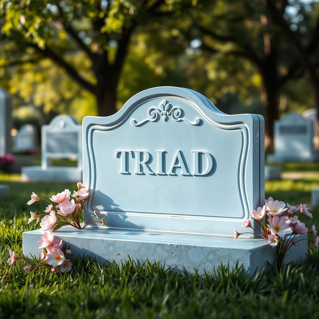 An elegant gravestone in a soft baby blue color, featuring the word "TRIAD" carved prominently on the front
