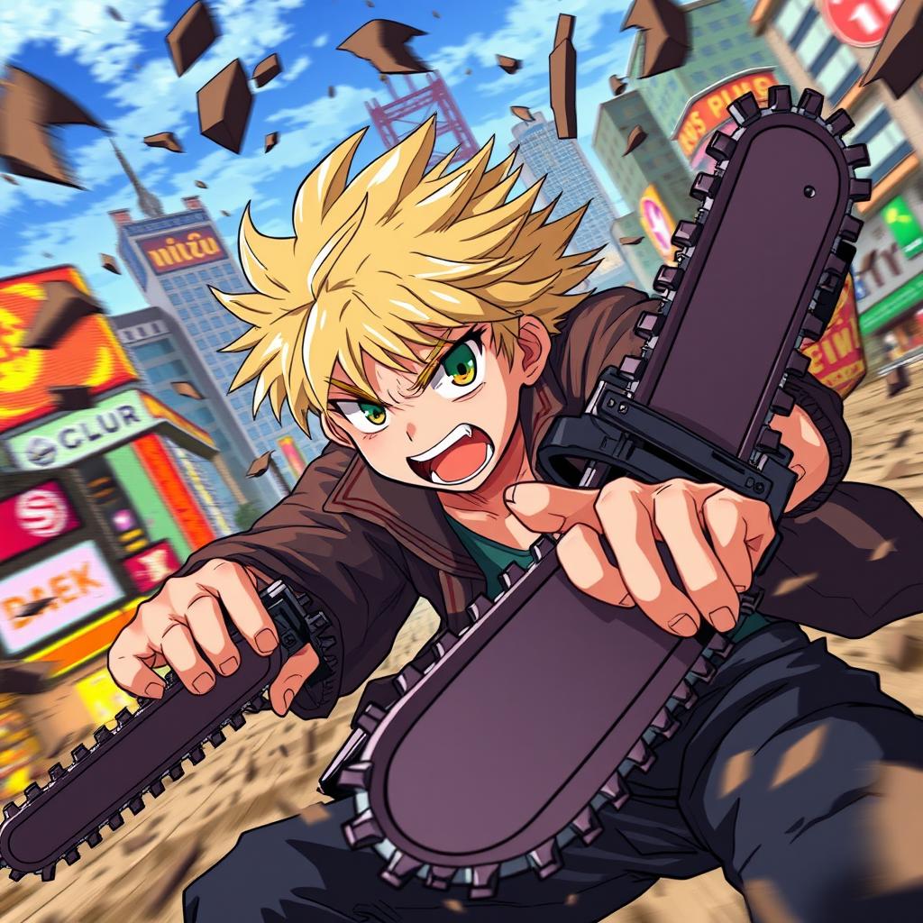 A dynamic and energetic illustration of Denji from the Chainsaw Man anime/manga, showcasing his iconic chainsaw devil features