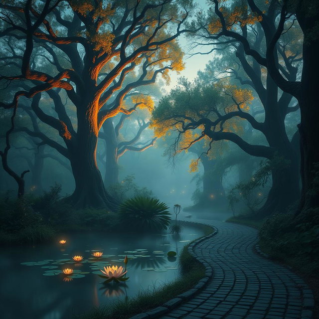 A mystical forest at twilight, bathed in soft, glowing lights