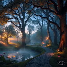 A mystical forest at twilight, bathed in soft, glowing lights