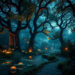 A mystical forest at twilight, bathed in soft, glowing lights