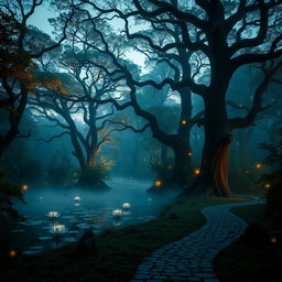 A mystical forest at twilight, bathed in soft, glowing lights