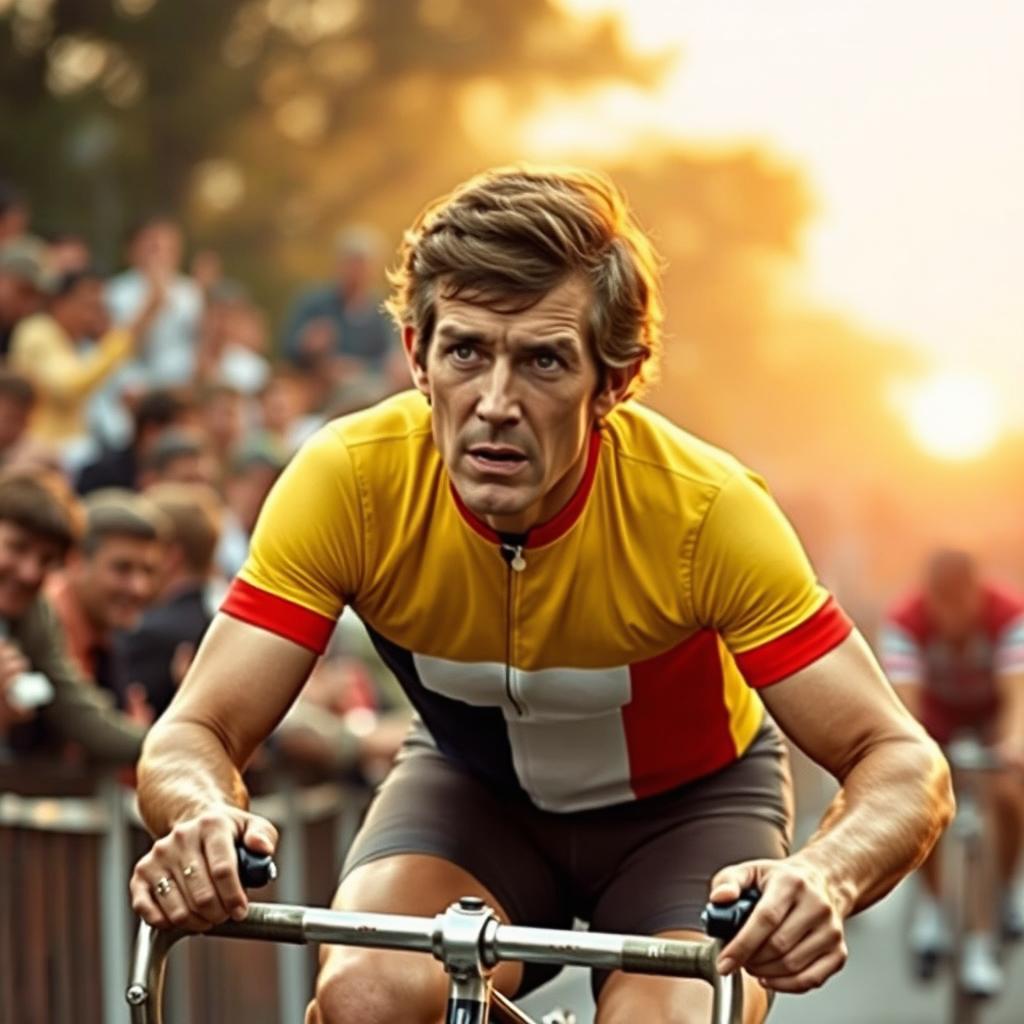 A dynamic and inspirational portrait of Eddy Merckx, the legendary Belgian cyclist, known as 'The Cannibal' for his relentless competitive spirit