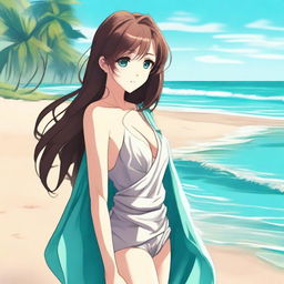 A premium quality digital art image, showcasing an appealing anime-style girl with brown hair, wrapped in a wet towel on a sandy beach