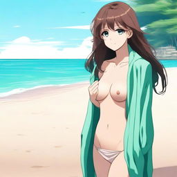 A premium quality digital art image, showcasing an appealing anime-style girl with brown hair, wrapped in a wet towel on a sandy beach