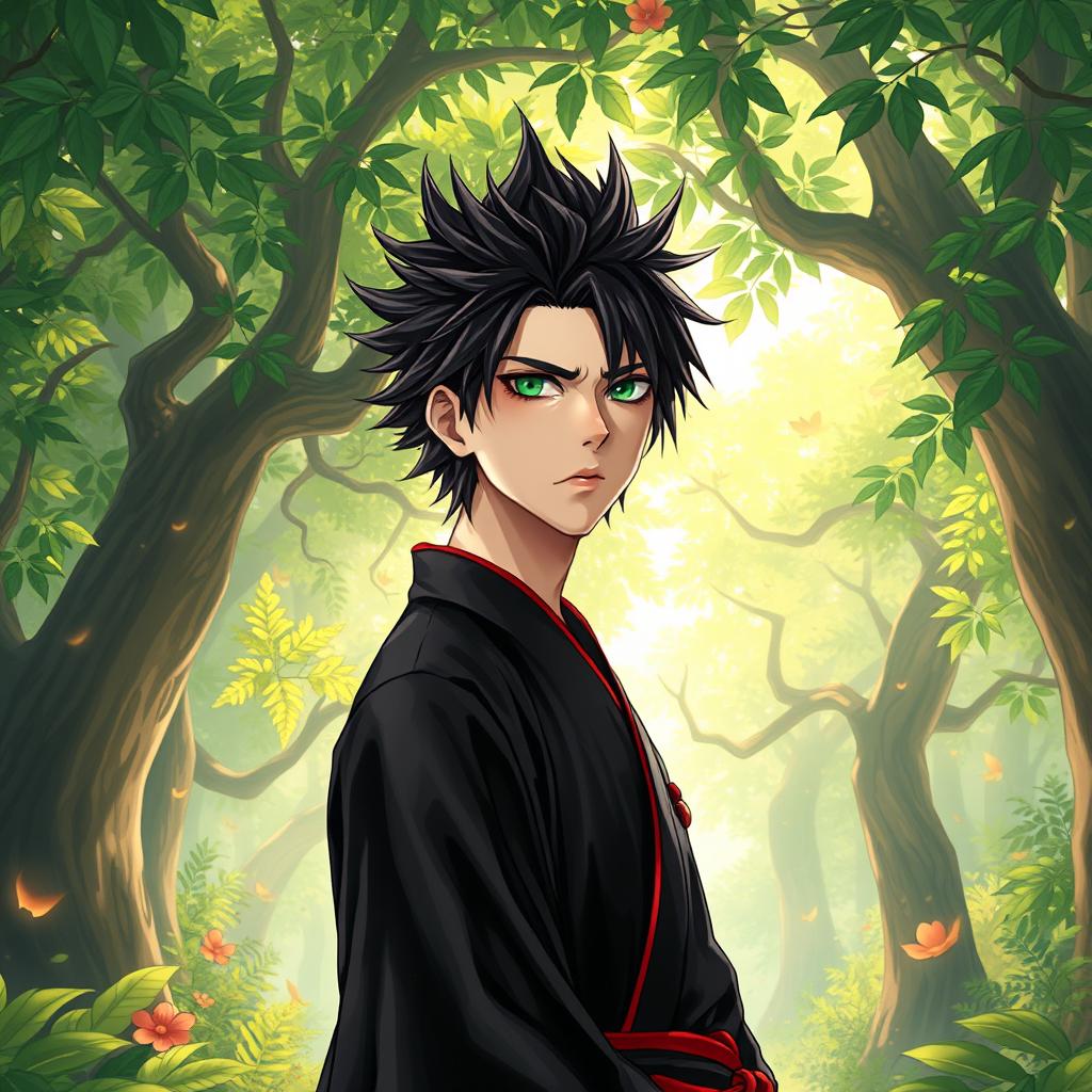 A striking light novel cover featuring a tall adult male with light skin, spiky shaggy black hair, and captivating emerald eyes