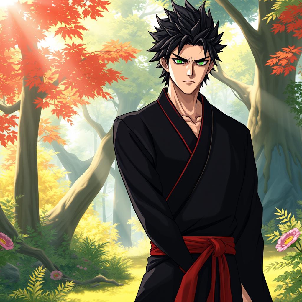 A tall adult male character with light skin, featuring spiky shaggy black hair and striking emerald eyes, dressed in a black kimono with crimson accents