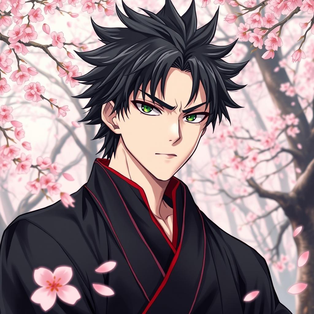 A light novel cover featuring a tall adult male with light skin, spiky shaggy black hair, and striking emerald eyes