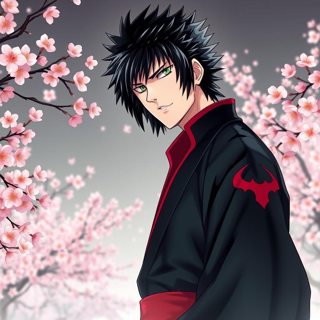 A cover for a Gintama light novel featuring a tall adult male with light skin, spiky shaggy black hair and striking emerald eyes