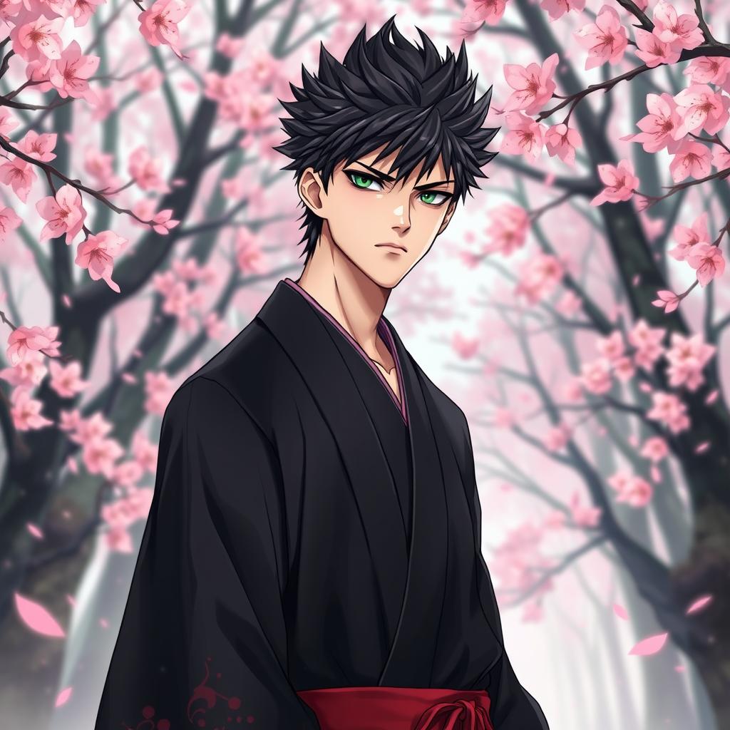 A light novel cover featuring a tall adult male character with light skin, spiky shaggy black hair, and striking emerald eyes