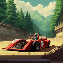 A retro-anime aesthetic scene inspired by Studio Ghibli. It showcases a racecar driver resting near a crashed red racecar, designed by Hayao Miyazaki.