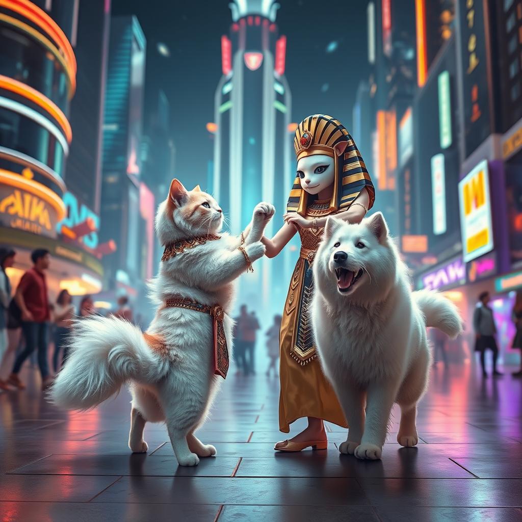 A delightful scene set in a futuristic world where a fluffy-tailed white cat is dancing gracefully with Cleopatra, who is adorned in a dazzling, modernized royal outfit