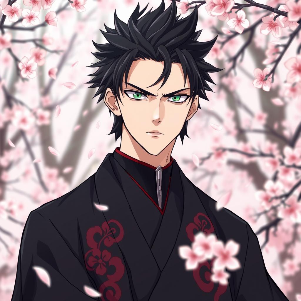 A cover illustration for a light novel, featuring a tall adult male with light skin, spiky shaggy black hair, and striking emerald green eyes