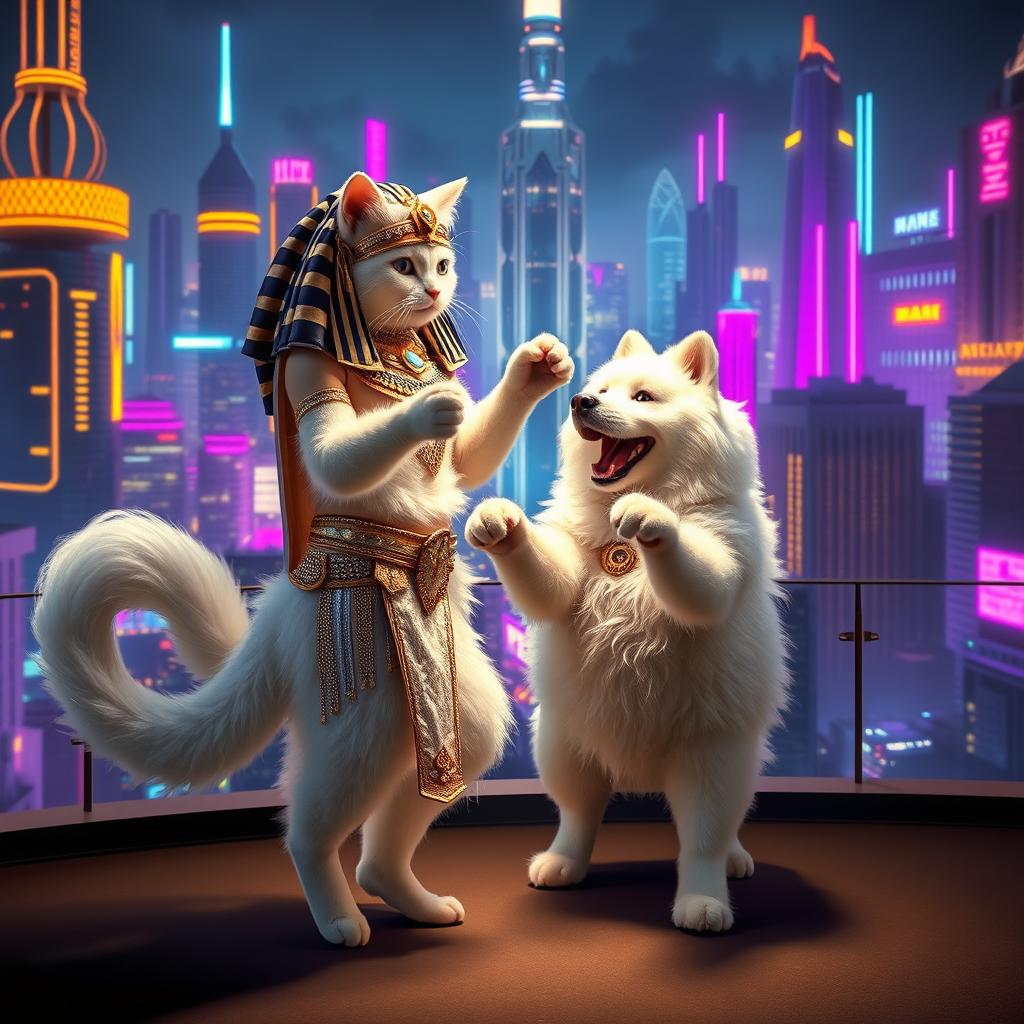 A charming scene in a futuristic setting where a fluffy-tailed white cat is gracefully dancing with Cleopatra, who is dressed in a modern version of her regal attire, complete with shining embellishments and futuristic accessories