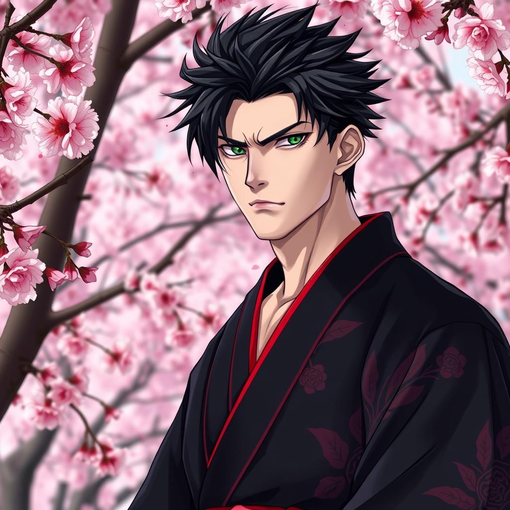 A tall adult male with light skin, spiky shaggy black hair, and striking emerald eyes stands in a picturesque cherry blossom forest