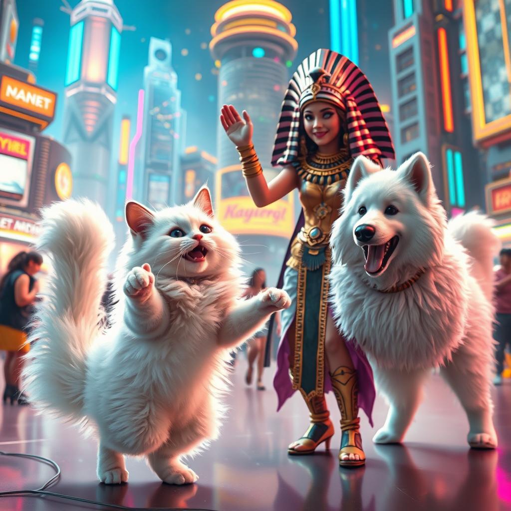 A lively scene set in a futuristic world where a fluffy-tailed white cat is joyfully dancing with Cleopatra, who is dressed in a stylish and modern interpretation of her classic royal garments