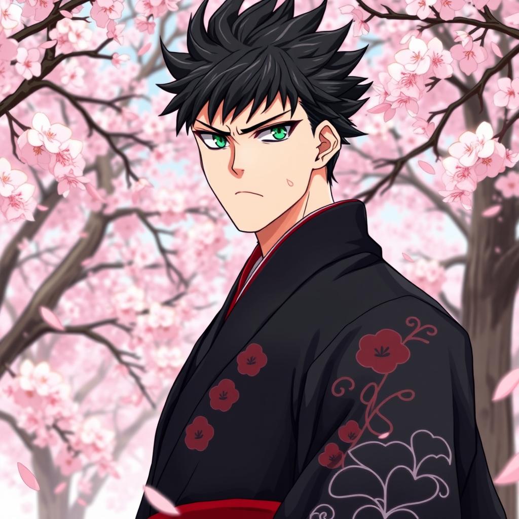 A cover illustration for a light novel inspired by Gintama, featuring a tall adult male with light skin, sporting spiky shaggy black hair and striking emerald green eyes