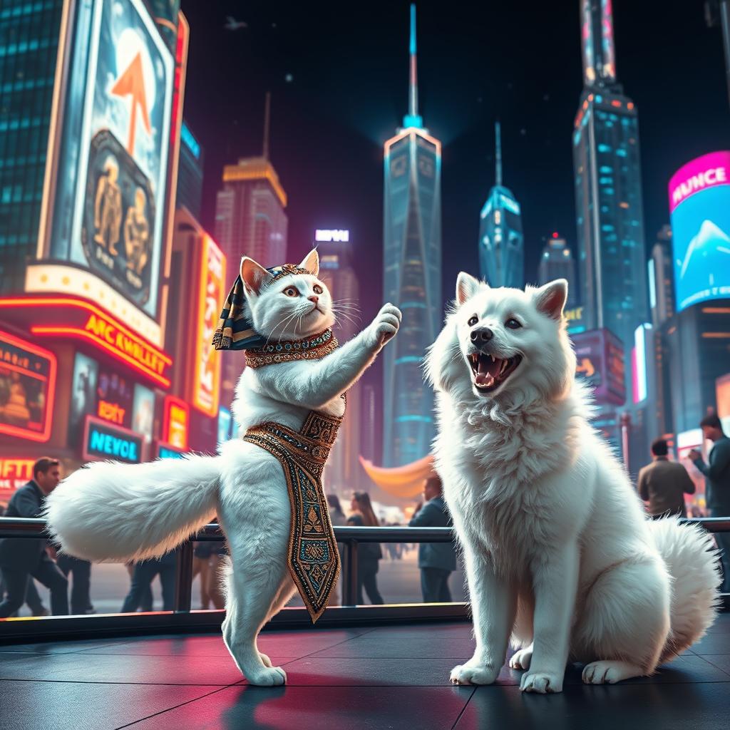 A whimsical scene in a futuristic world where a fluffy-tailed white cat is elegantly dancing with Cleopatra, who wears a modern interpretation of her iconic regal attire, complete with intricate embellishments