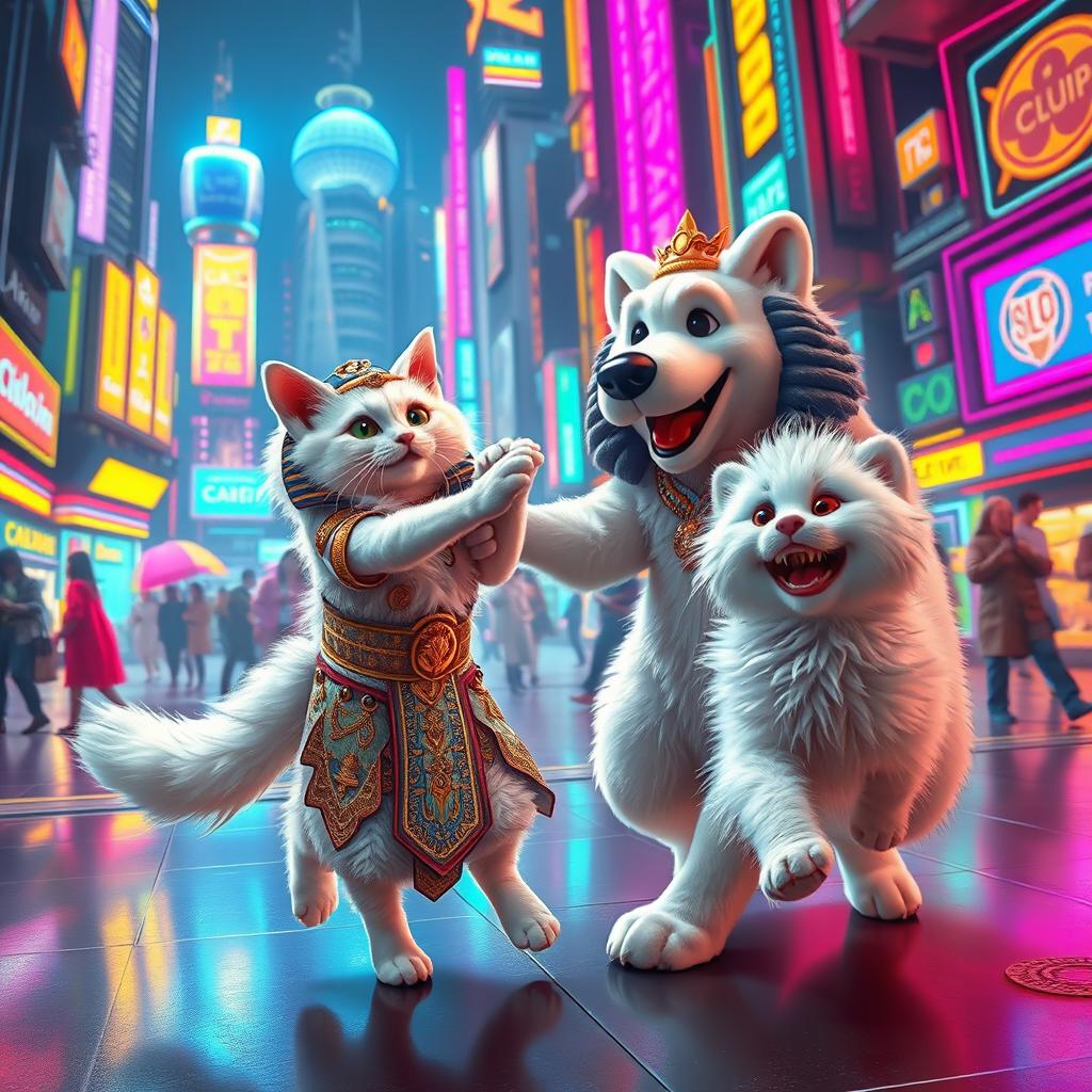 A delightful scene set in a vibrant futuristic world, featuring a fluffy-tailed white cat dancing joyfully with Cleopatra, who wears a splendid modernized version of her iconic regal outfit adorned with intricate patterns and shimmering details