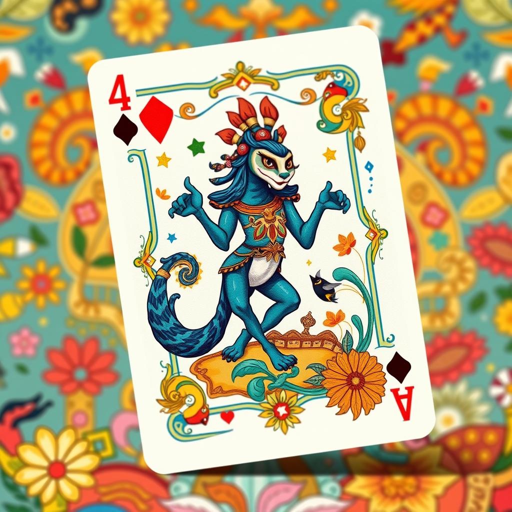 A beautifully designed playing card featuring the Koringa character, specifically focusing on the number 4