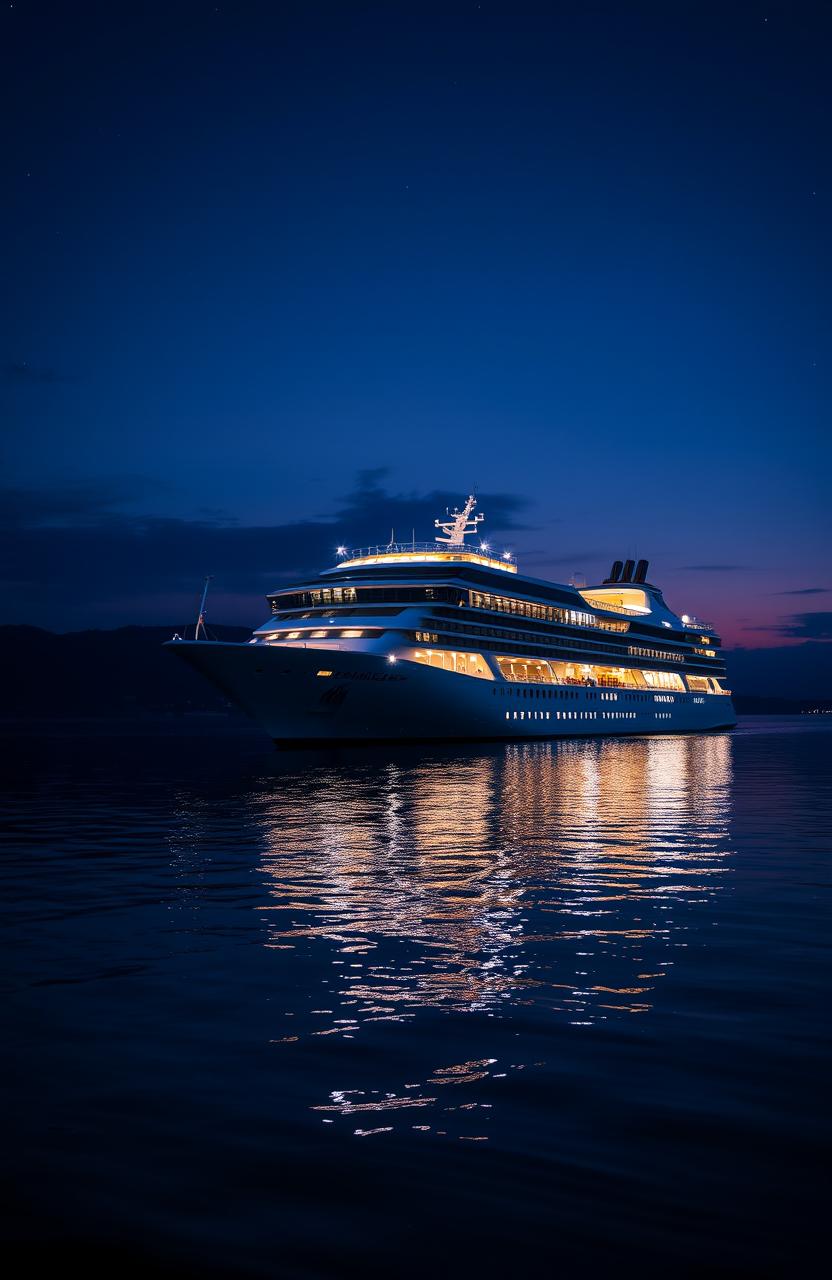 A serene scene featuring a sleek cruise ship sailing smoothly across calm waters, set against a dark blue twilight background