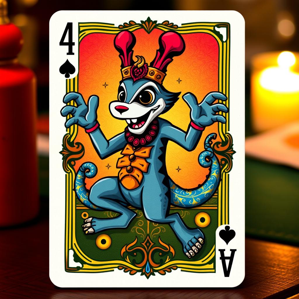 A captivating cover design for a playing card featuring the Koringa character, prominently displaying the number 4